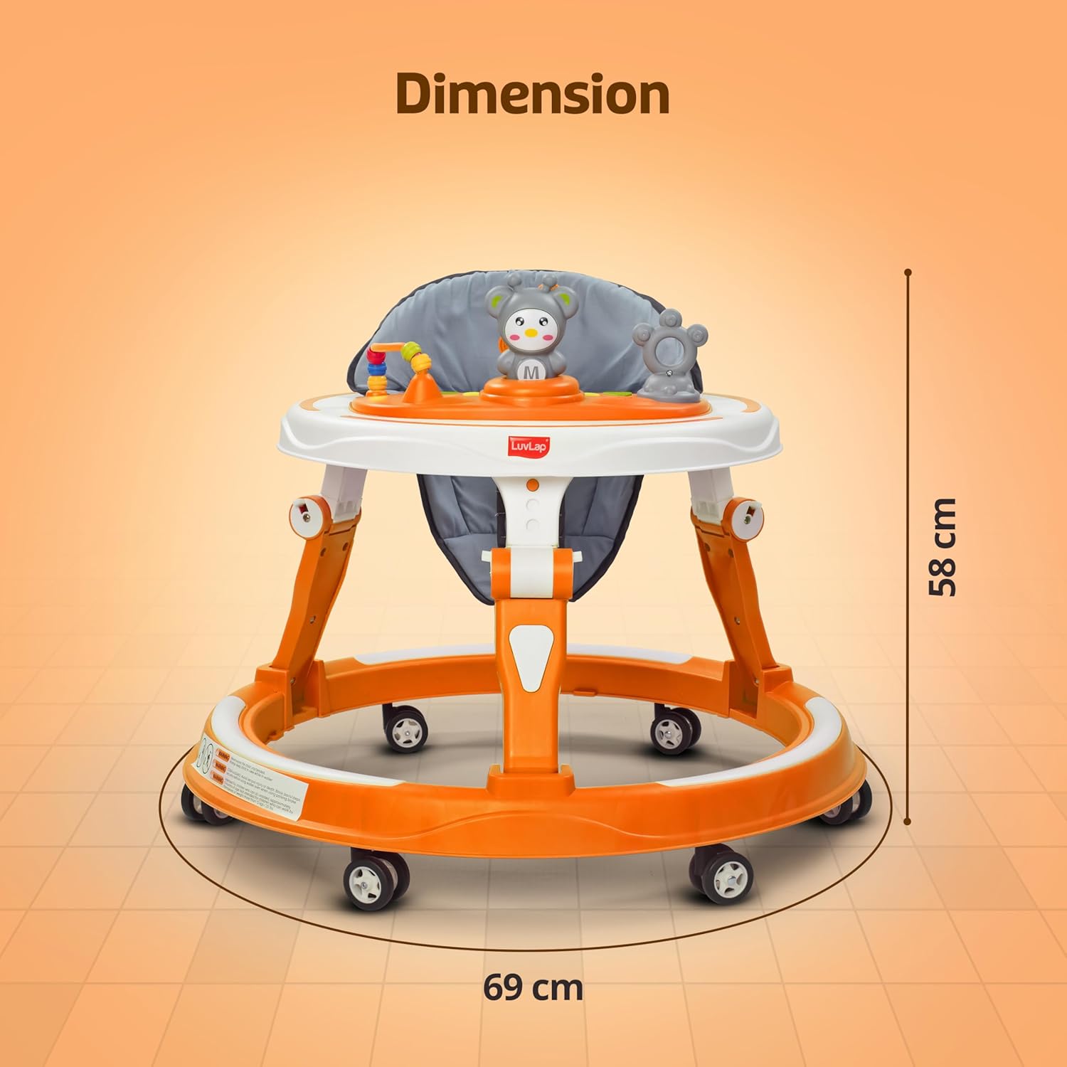 Usmile Toys LuvLap 360° Joy baby walker in orange, offering stable support and engaging playtime for toddlers.